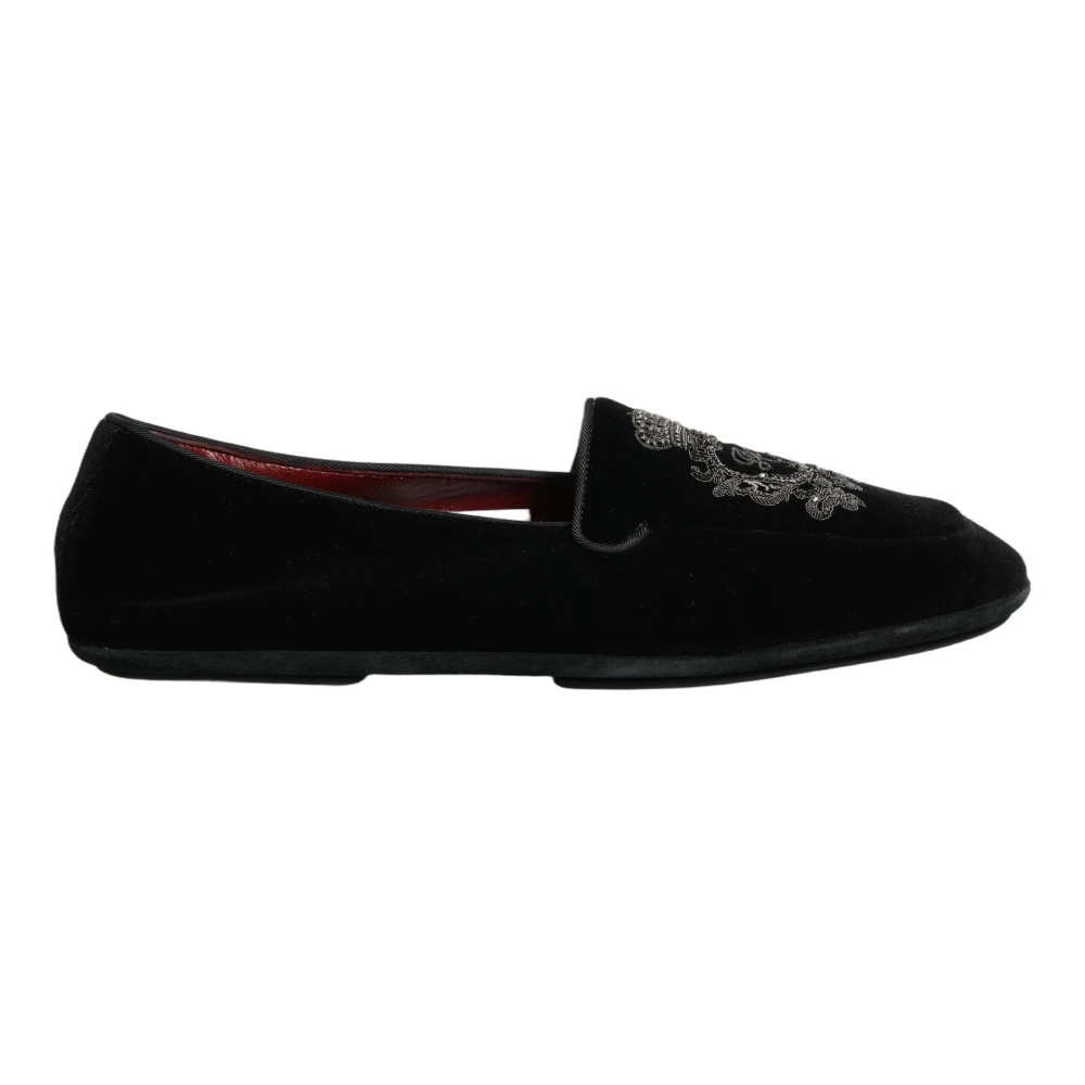 Dolce & Gabbana Mannelijk Zwart Schoenen Heren, 44 Eu, Velvet Crown Embroidery Loafers