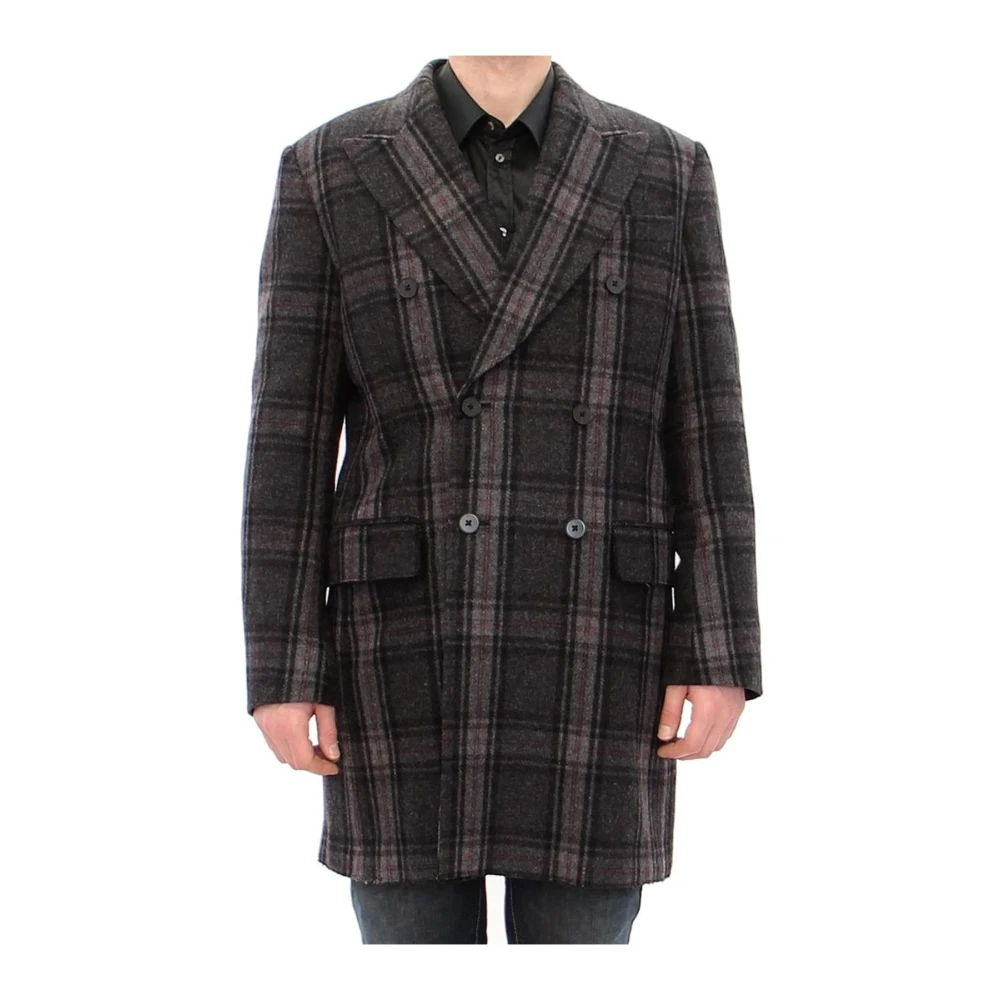 Dolce & Gabbana Double-Breasted Coats, Male, M, Checkered Double Breasted Wool Coat Gray