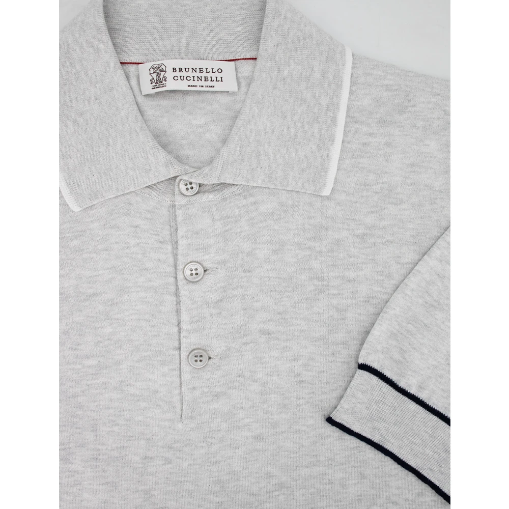 BRUNELLO CUCINELLI Heren Ribgebreide Katoenen Polo Shirt met Logo Knoopsluiting Gray Heren