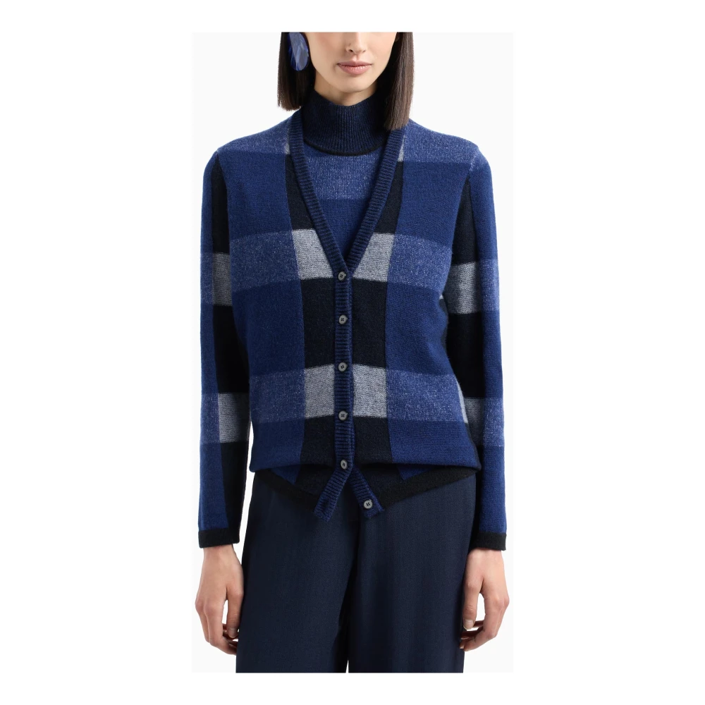 Emporio Armani Ruitpatroon V-hals Cardigan Sweaters Blue Dames