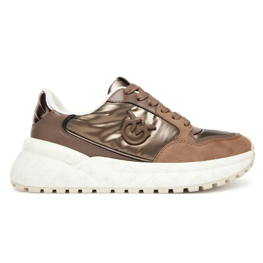 Pinko Women's Brown Leather Trainers With Round Toe - Sneakers - 8 Uk - Shoes