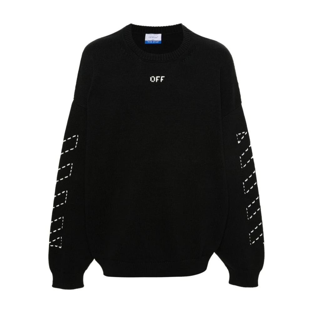 Off White Men's Black Knit Jumper With Logo Detail - Round-Neck Knitwear - Xs - Knitwear