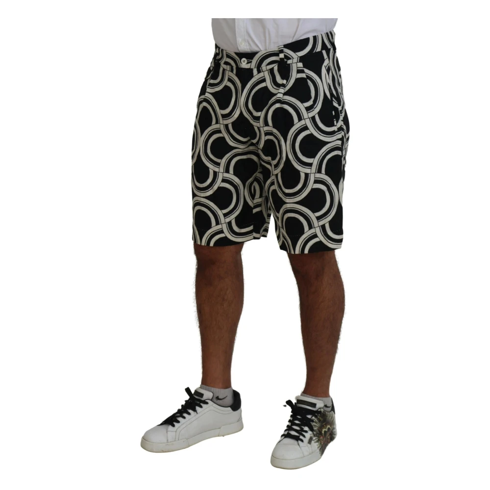 Dolce & Gabbana Zwart Wit Patroon Linnen Bermuda Shorts Black Heren