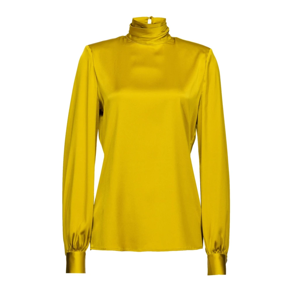 Pinko Women's Green Blouses, L, Silk Satin Blouse With High Neck
