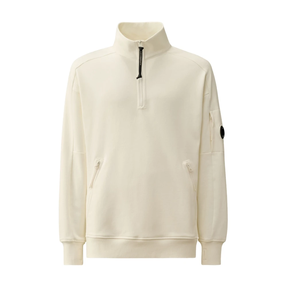 C.p. Company Men's White Diagonal Raised Fleece Half Zipped Sweatshirt