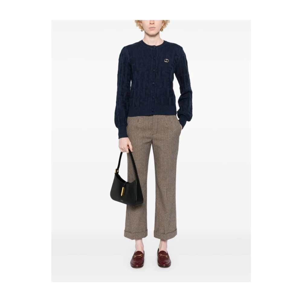 Twinset Monogram Jacquard Sweater met Goud-Tone Broche Blue Dames