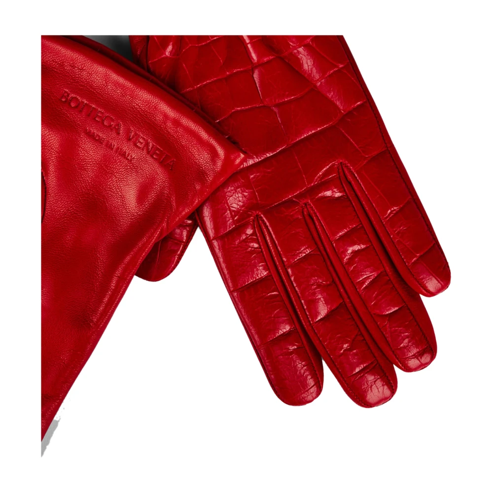 Bottega Veneta Rode Croc Embossed Logo Leren Handschoenen Red Dames