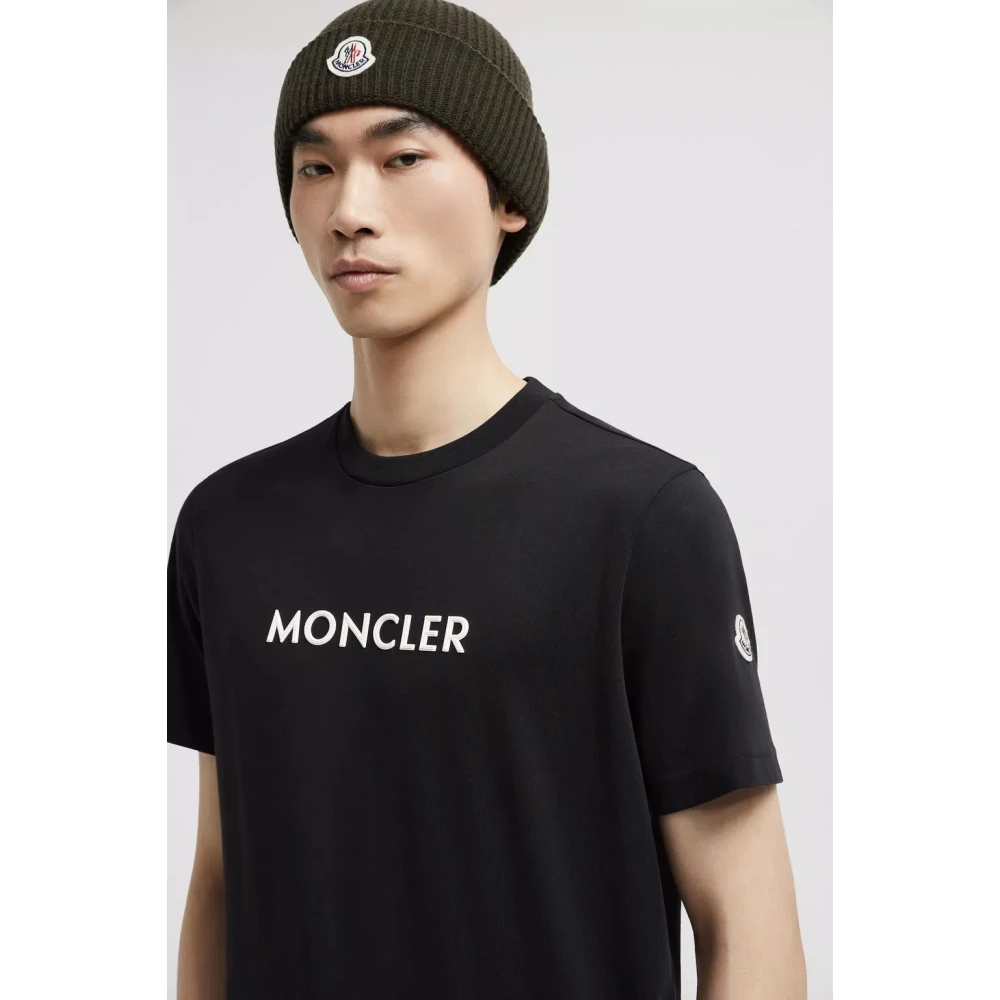 Moncler Zwarte Rubberized Logo T-Shirt Crew Neck Black Heren