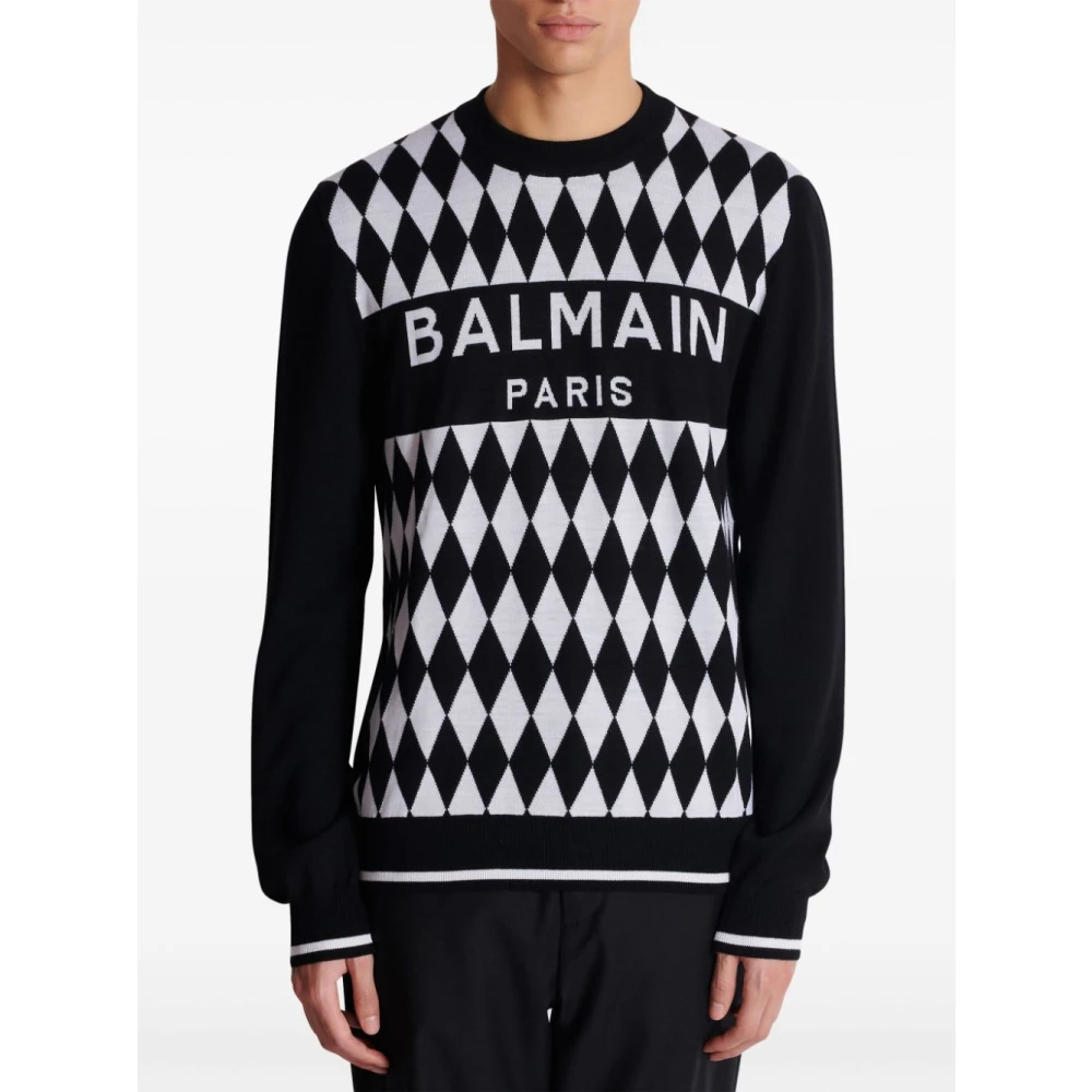 Balmain Zwarte Diamantpatroon Wollen Trui Black Heren