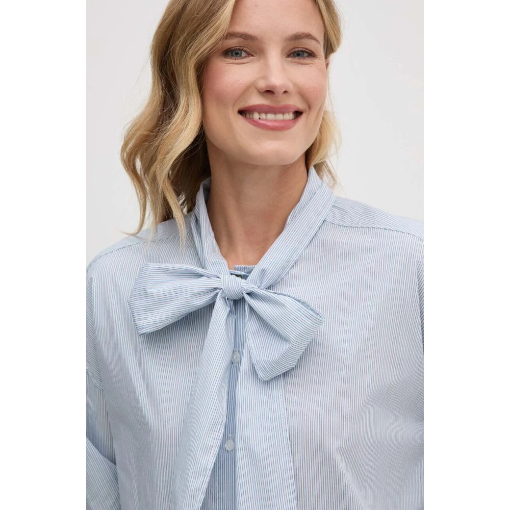 Pepe Jeans Gestreepte Hemelsblauwe Blouse met Strik Blue Dames