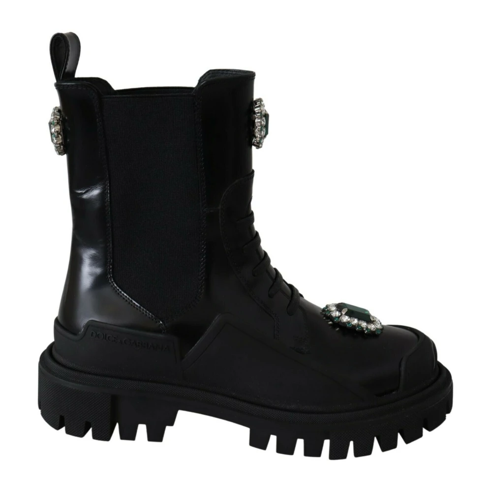 Dolce & Gabbana Donna Nero Stivali Combat In Pelle Con Cristalli