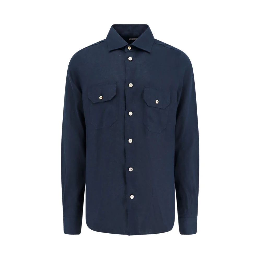 Kiton Linnen overhemd met Franse kraag en knopen Blue Heren