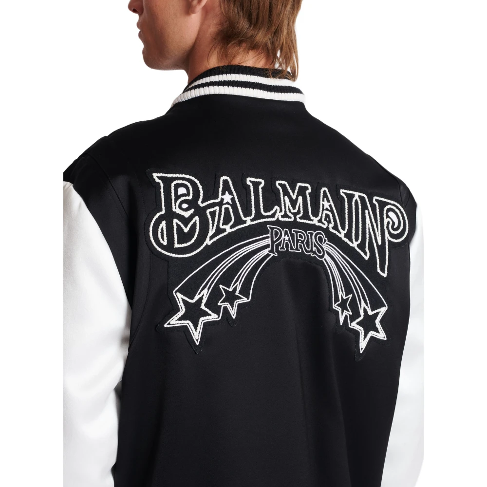 Balmain Satijnen Varsity Jas met Geborduurde Badges Black Heren