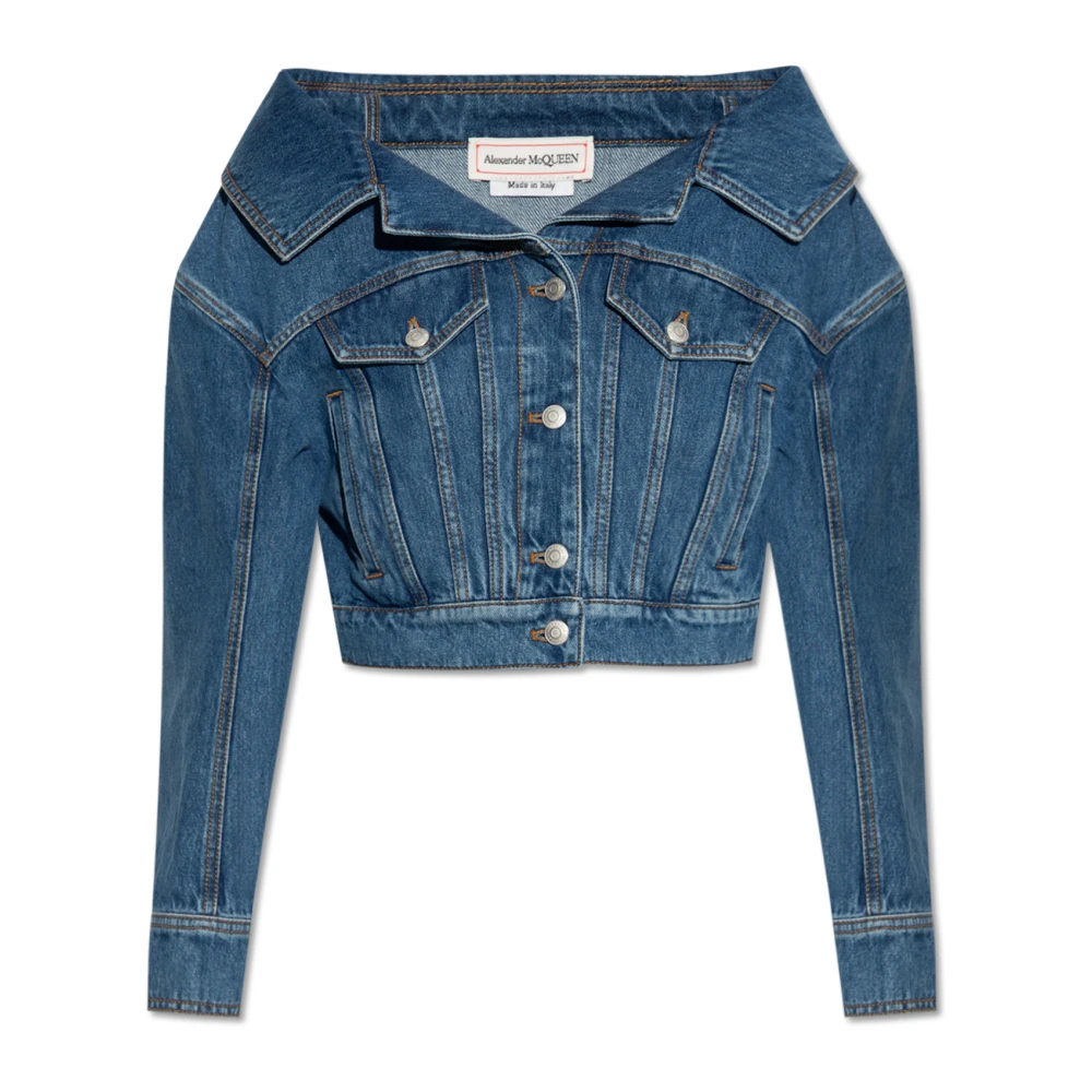 Alexander Mcqueen Women's Blue Off-The-Shoulder Denim Jacket - Denim Jackets - 2XS - Jackets