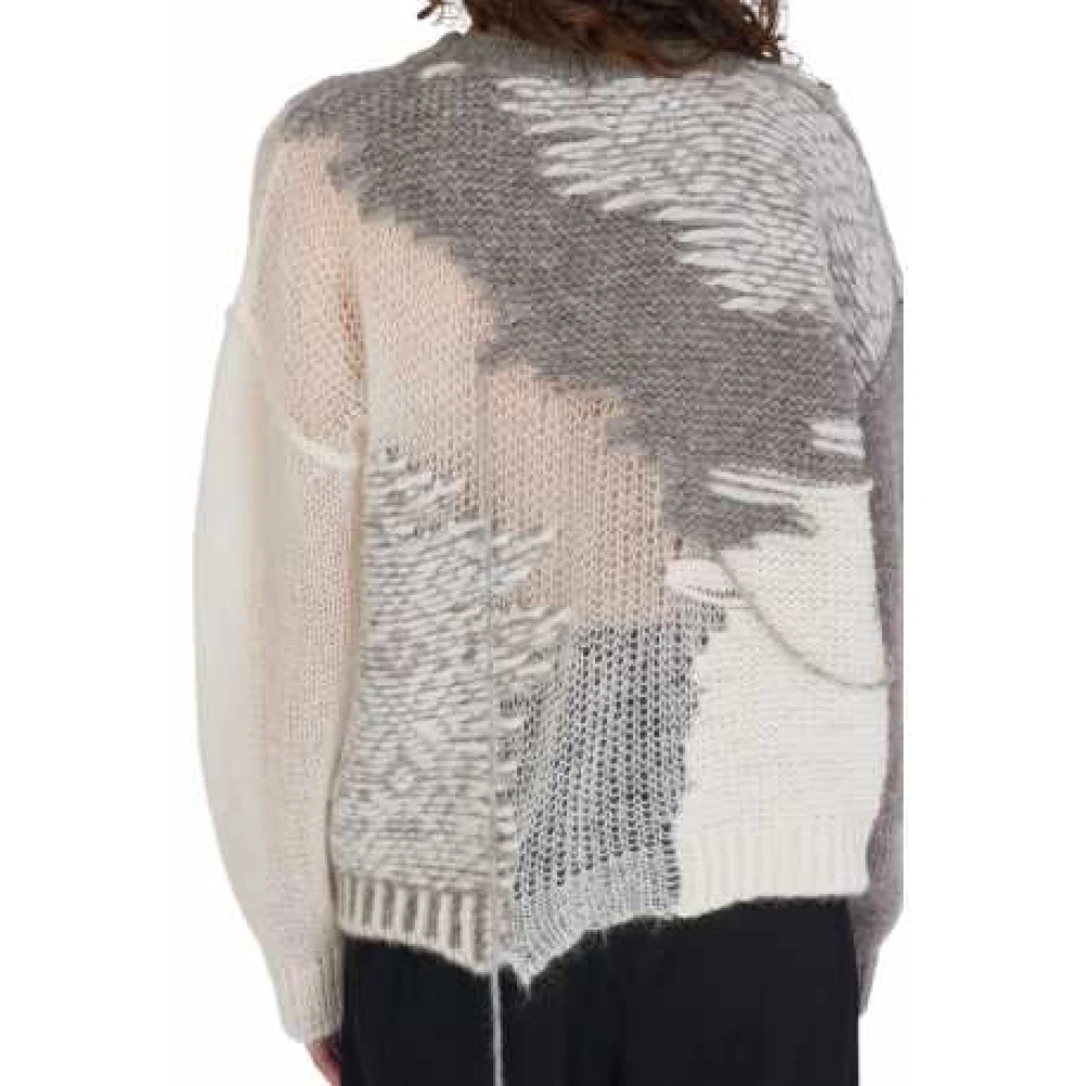 Isabel Benenato Gebreide trui met ronde hals en patchwork in Ecru Taupe Multicolor Dames