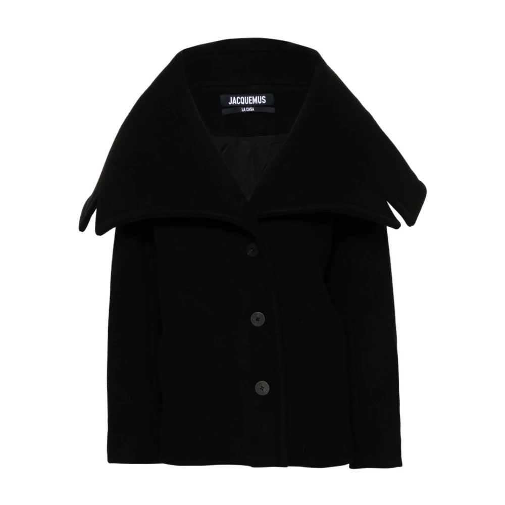 Jacquemus Zwarte Wollen Jas Oversized Kraag Black Dames
