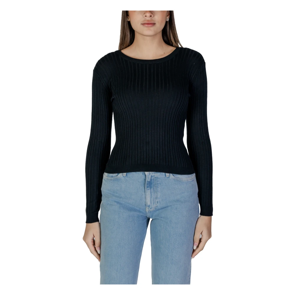 Vila Geribbelde Gebreide Trui Lange Mouw Black Dames