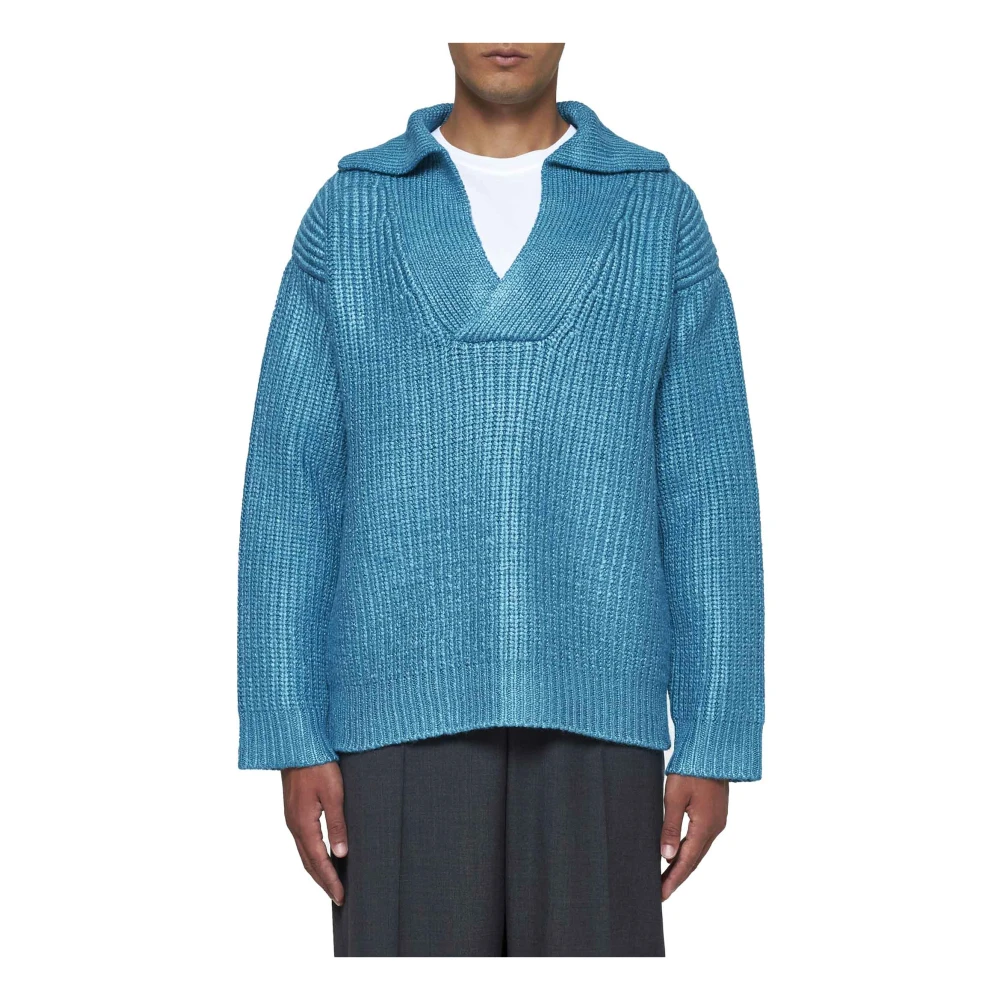 Valentino Blauwe Zijden Gebreide Trui Wrap V-Hals Blue Heren