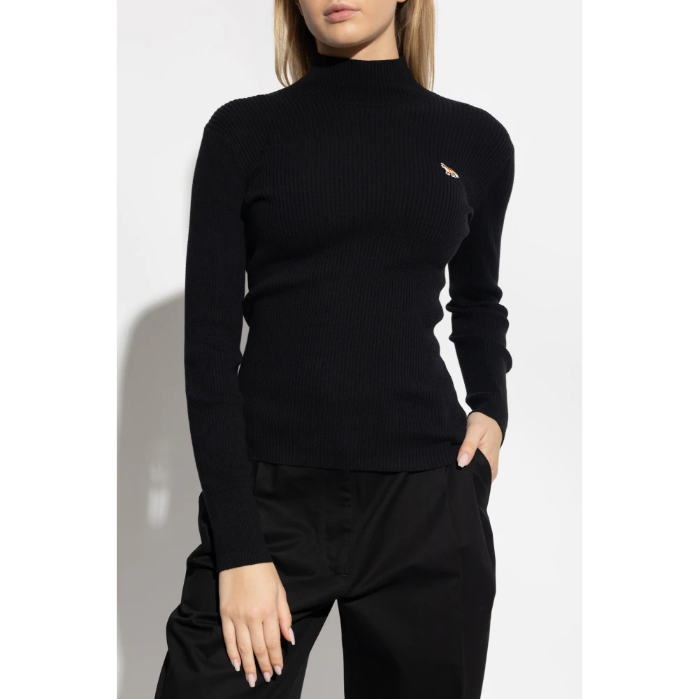 Maison Kitsuné Geribbelde top met opstaande kraag Black Dames