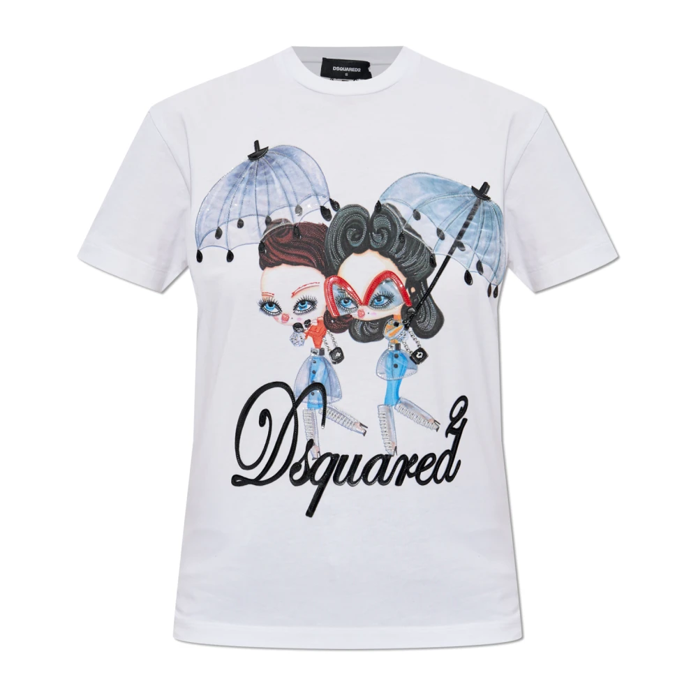 Dsquared2 Vit T-Shirt Med Tryck Och Skimrande Applikationer