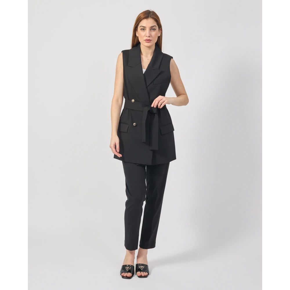 YES ZEE Zwarte Lange Double-Breasted Geriemde Jas Black Dames
