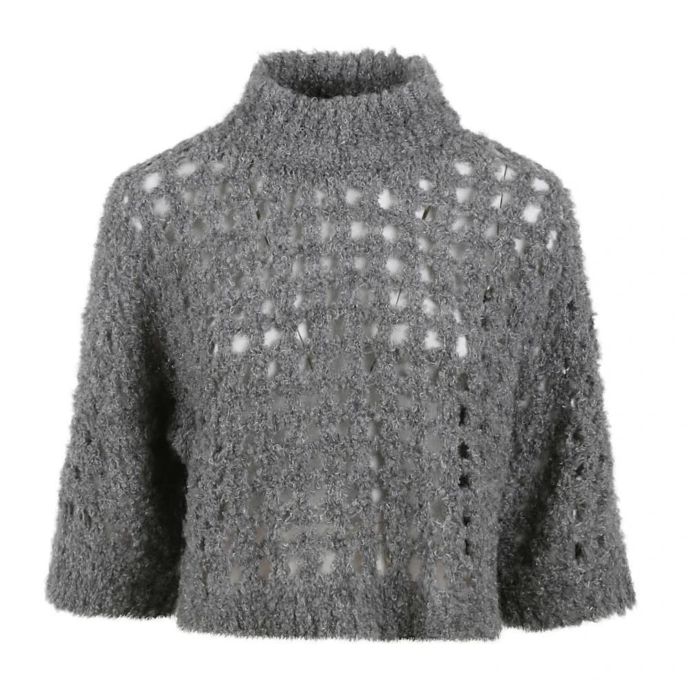 PESERICO Grijze Sweaters met Hoge Kraag en Boxy Net Breiwerk Gray Dames