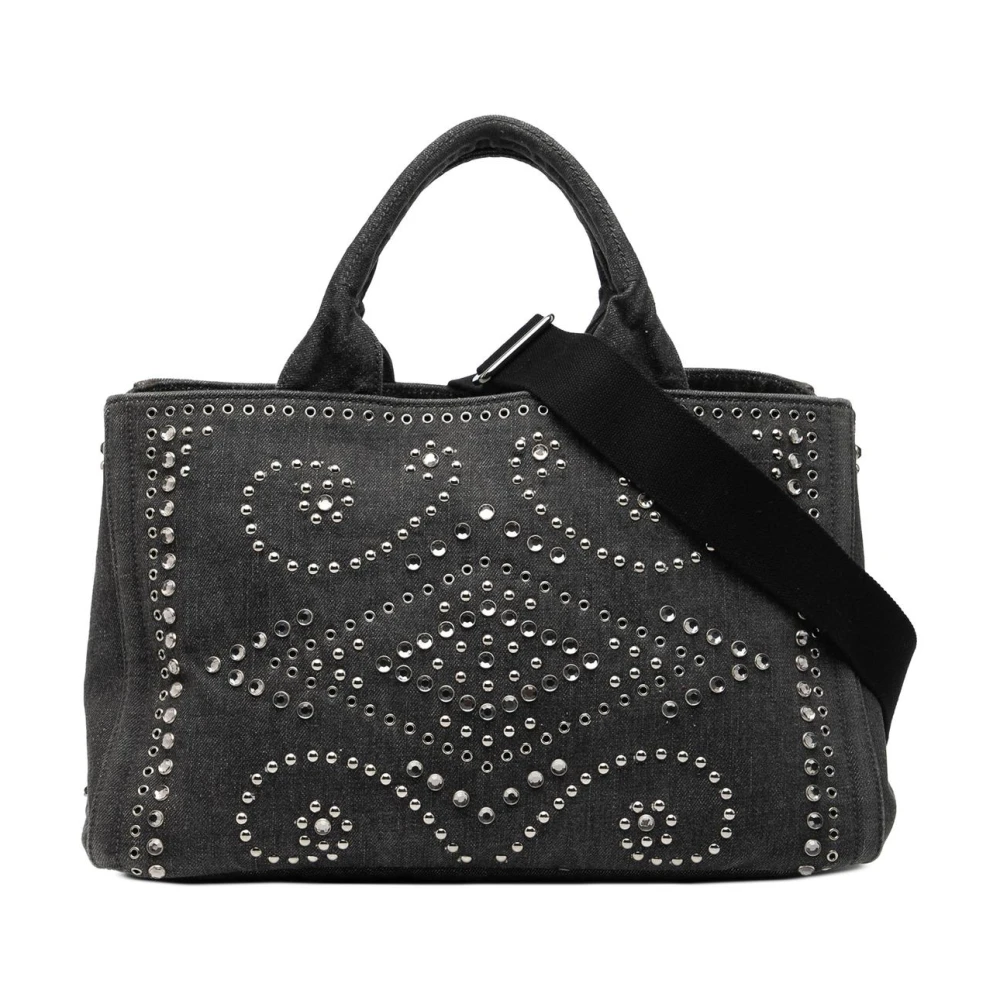 Prada Vintage Women's Black Pre-Owned Embellished Fabric Tote Bag