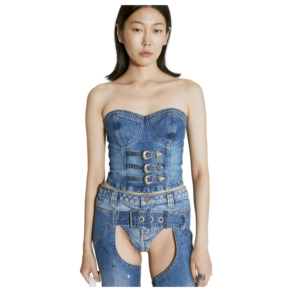 Guess Women's Blue Denim Bustier With Buckle Detail