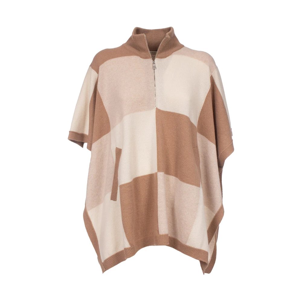 Le Tricot Perugia Kasjmier Cape met Halve Rits en Zakken Beige Dames