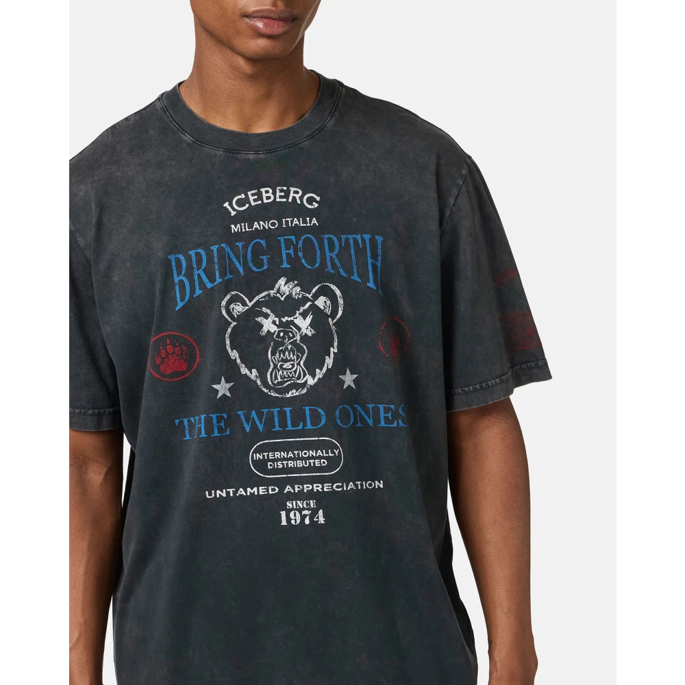 Iceberg Regular-fit Zwarte T-shirt in willekeurig gewassen geverfde katoen met maxi Bear print Black Heren