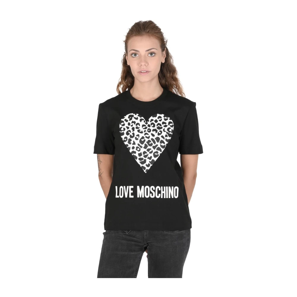 Love Moschino Women's Black T-Shirts, Xs, Leopard Heart Crew Neck Tee