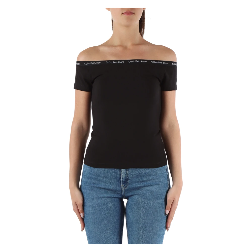 Calvin Klein Jeans Stretch Katoenen Top met Logo Print Black Dames