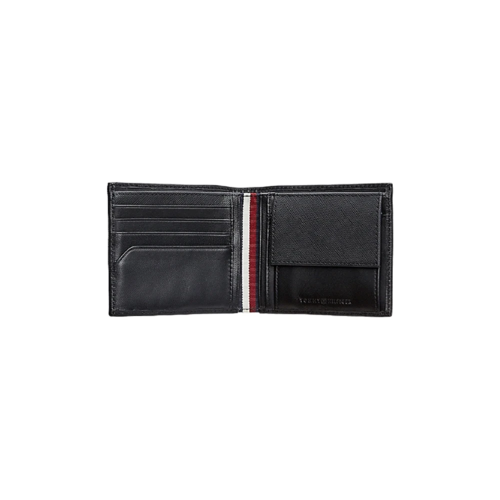 Tommy Hilfiger Zwarte Leren Portemonnee Bifold Gehamerd Afwerking Black Heren