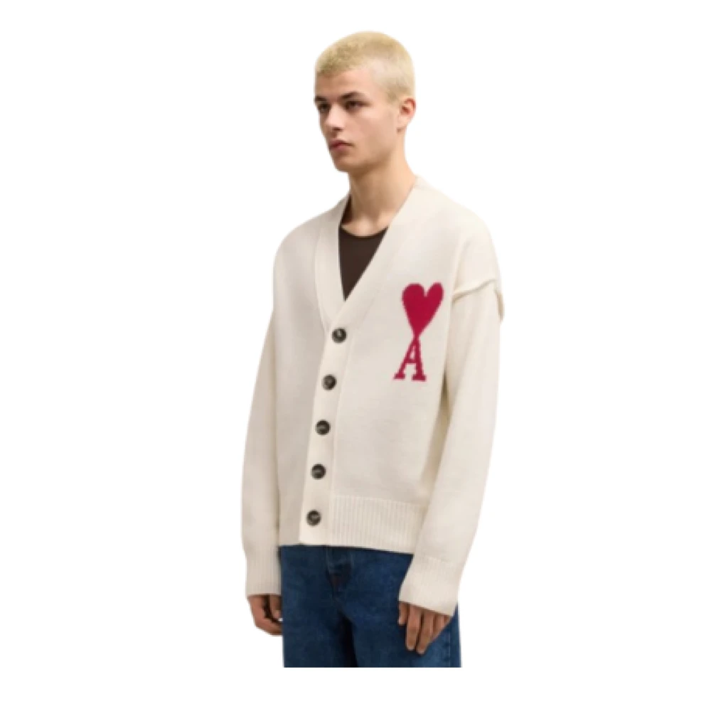 Ami Paris Merino Wol Cardigan met Hart Logo Beige Heren