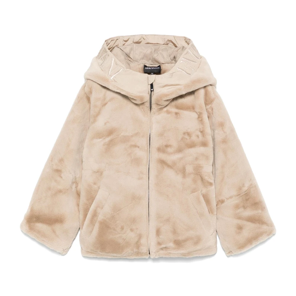 Emporio Armani Faux Fur Hooded Nylon Jacket Beige, Flicka