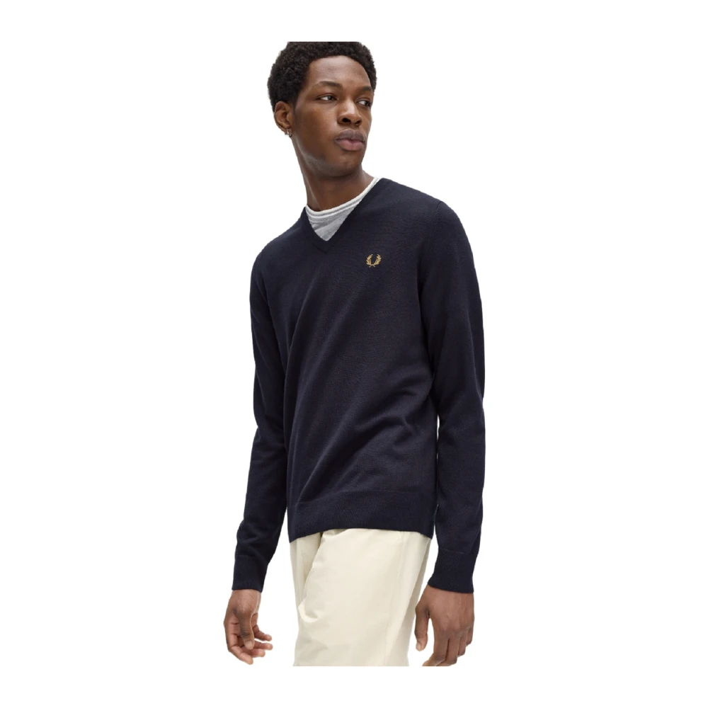 Fred Perry Blauwe Merino V-Hals Trui Blue Heren
