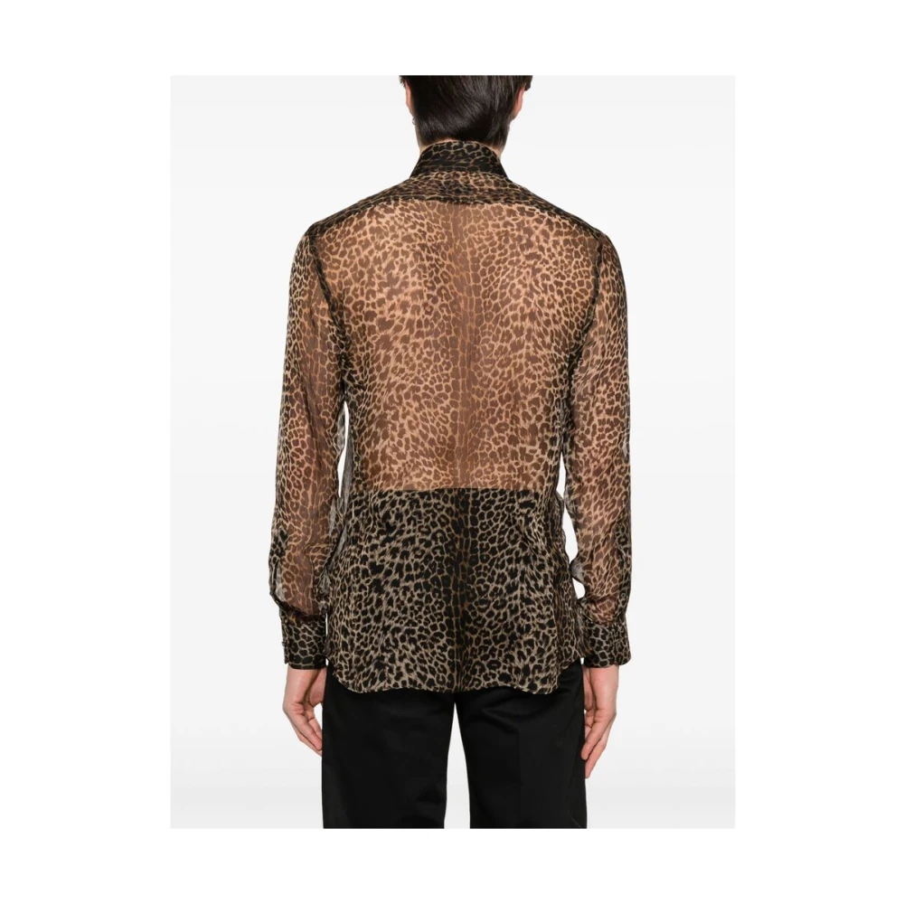 Tom Ford Animalier Bruin Shirt Knoopsluiting Plissé Brown Heren