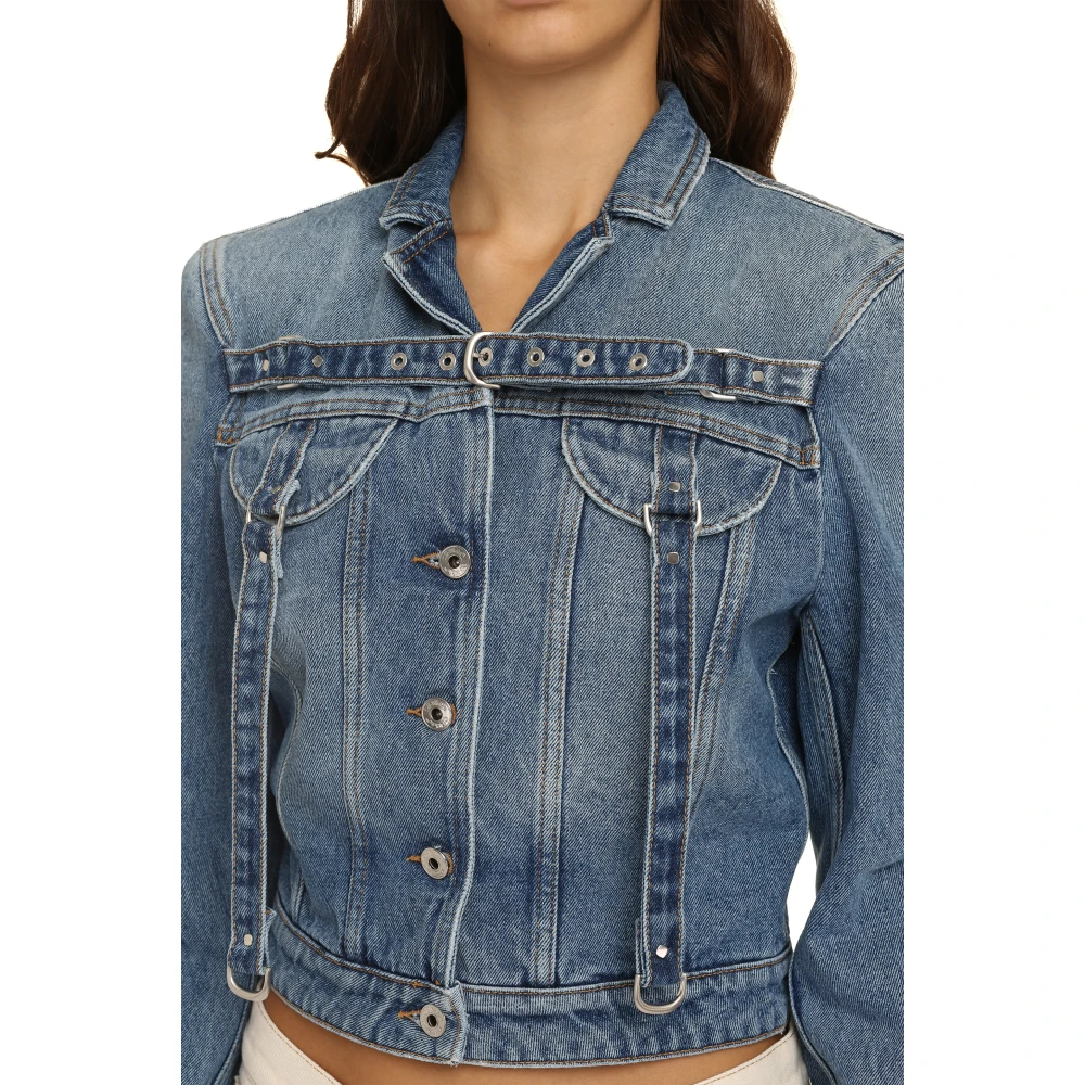 Off White Korte Denimjas met Gewatteerde Schouders Blue Dames
