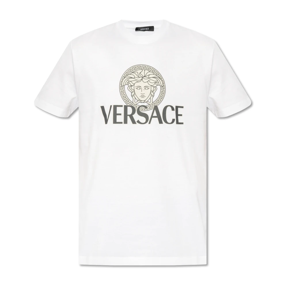 Versace Wit Crewneck T-Shirt met Contrasterende Logo Print in Katoen White Heren