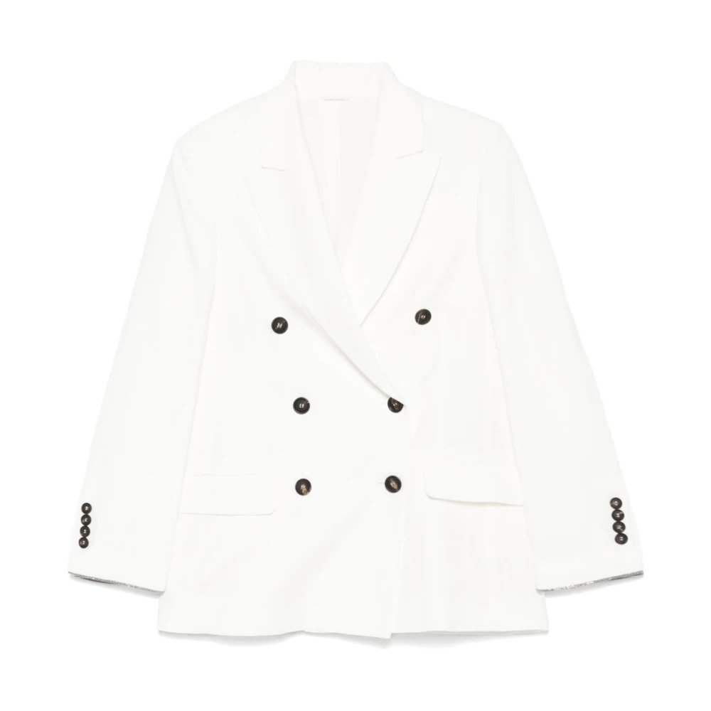 Brunello Cucinelli Women's White Blazers, M, Double-Breasted Blazer With Peak Lapels
