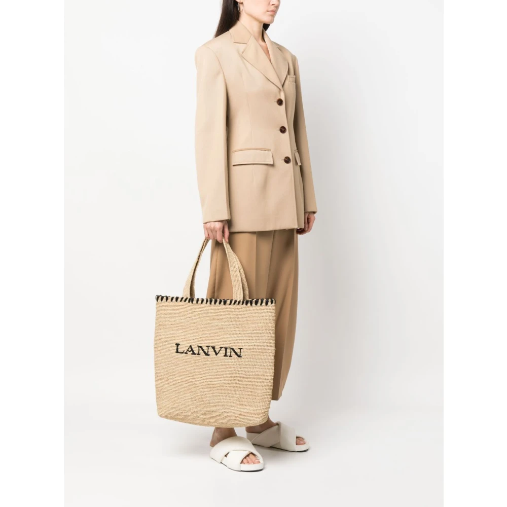 Lanvin Geborduurd Logo Raffia Tote Tas Beige Dames