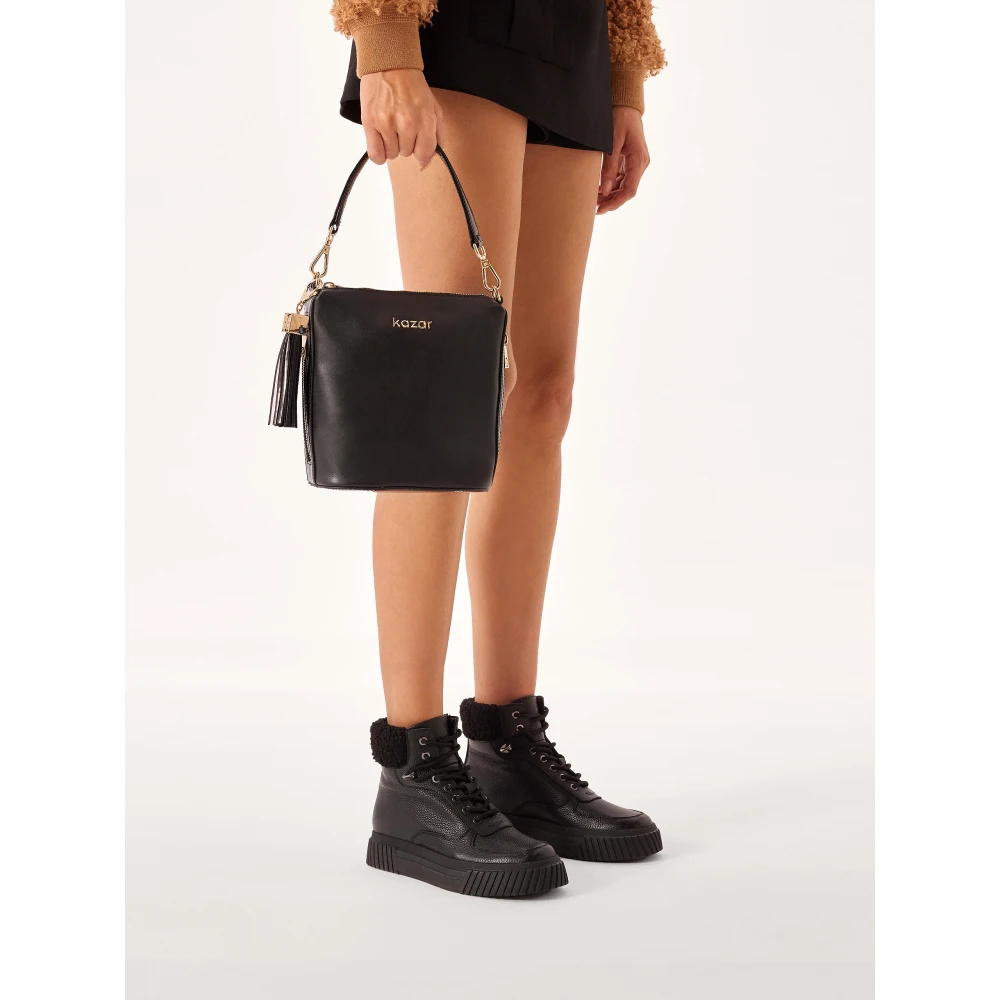 Kazar Zwarte leren dubbele schouder messenger tas Black Dames