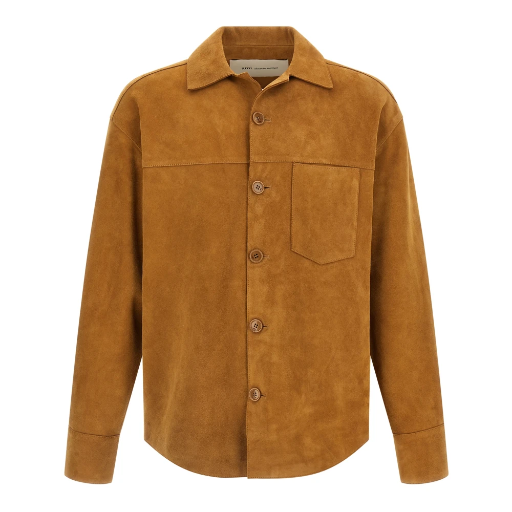 Ami Paris Men's Brown Leather Jackets, L, Buttoned Overshirt