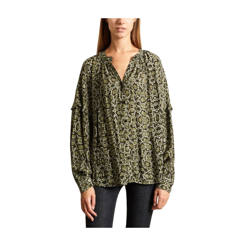 Essentiel Antwerp Khaki Snakeskin Blouse met Ruffle Mouwen Brown Dames