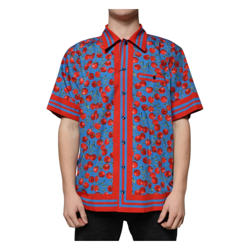 Dolce & Gabbana Men's Multicolor Short Sleeve Shirts,, Blue Cherry Print Button-Down Shirt Extra Large