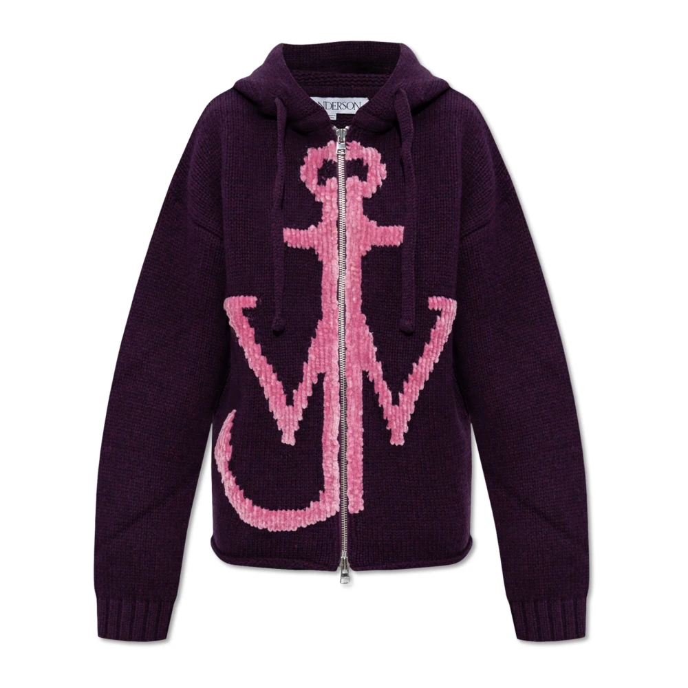 JW Anderson Merino Wol Gebreide Capuchon Rits Trui Purple Dames