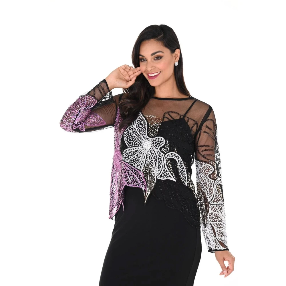 Frank Lyman Mesh Blouse met Paillet en Parel Motieven Multicolor Dames