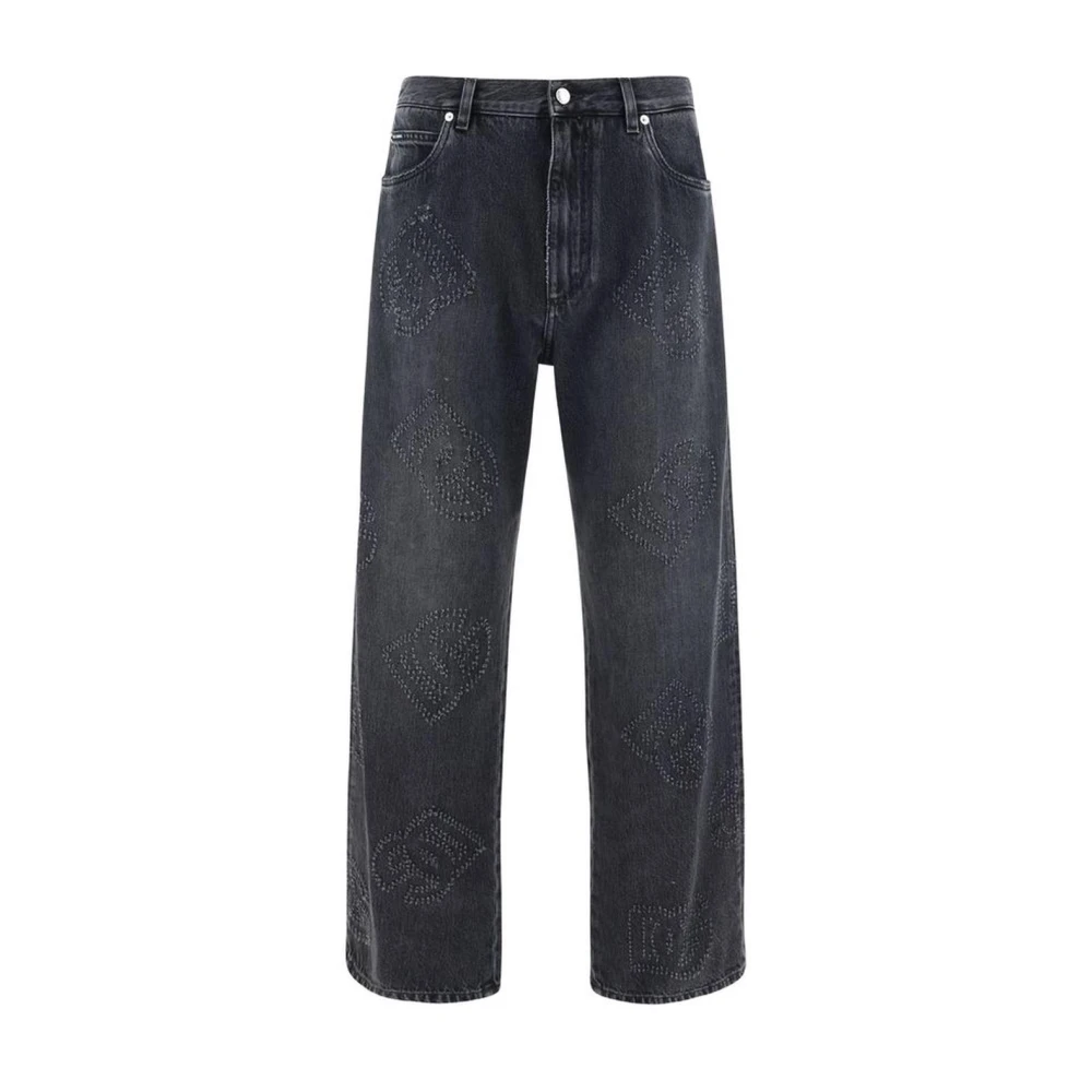 Dolce & Gabbana Geborduurde Monogram Denim Broek Blue Heren