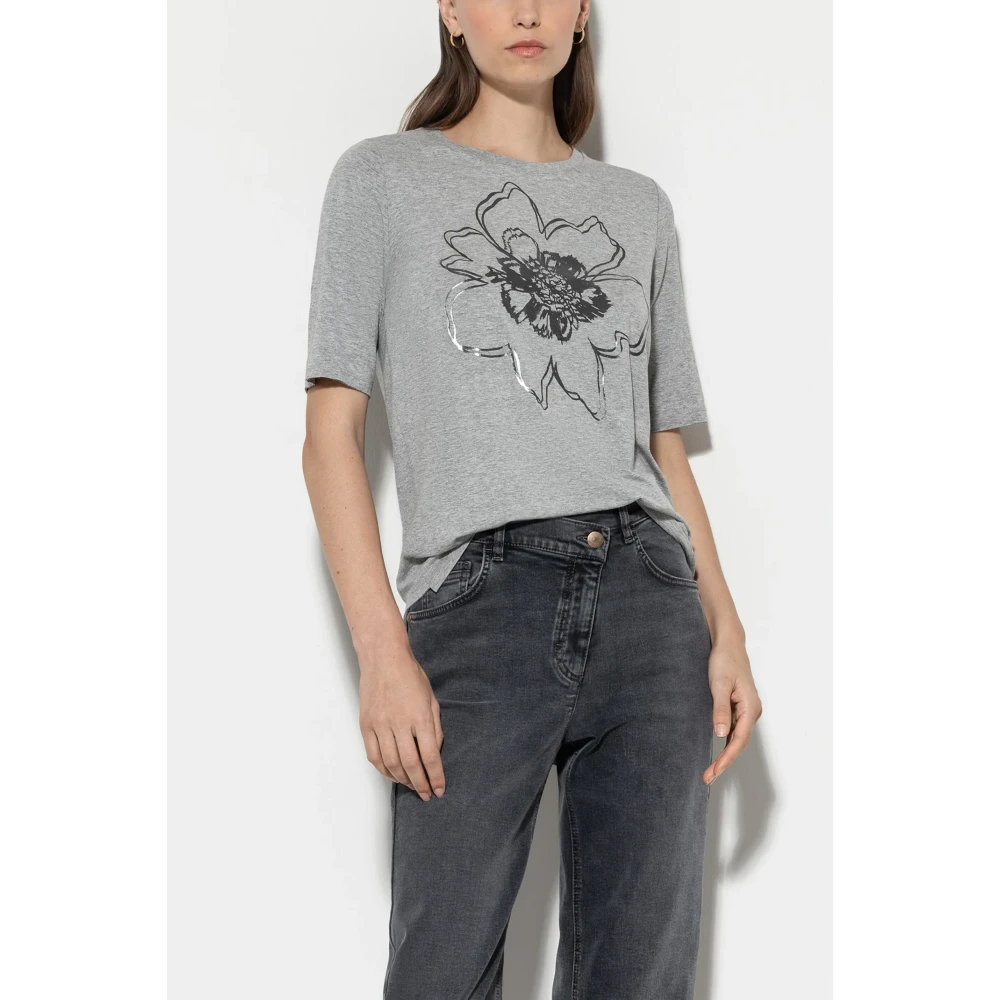 LUISA CERANO Grijze T-shirt met glanzende bloemenprint Beige Dames