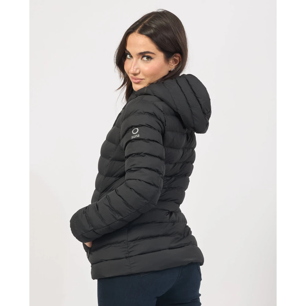 Suns Zwarte Ripstop Nylon Jas met Capuchon Black Dames